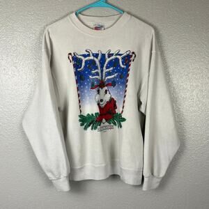 VTG Sz L Hanes Activewear Christmas Reindeer Women's White Graphic Sweatshirt